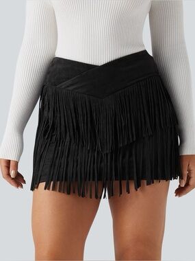 Halara Crossover High Waisted 2-in-1 Fringe Hem Bodycon Mini Suede Party Skirt